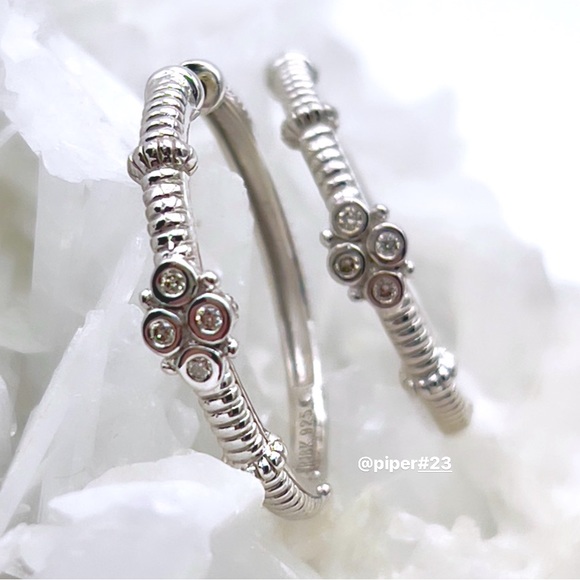 Judith Ripka JR TWO Sterling Silver 18K Gold Diamond Floral Hoop Earrings - Picture 3 of 10